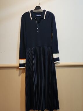 Ralph Lauren Navy Polo Pleated Midi Dress with Cream Collar and Stripe Accents